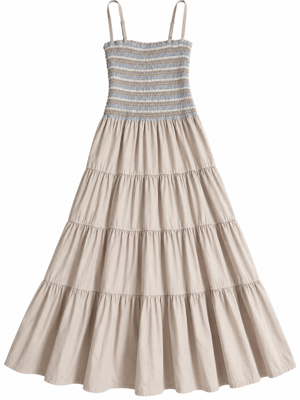 Girls Beige Smocked Maxi Dress with Blue Trim